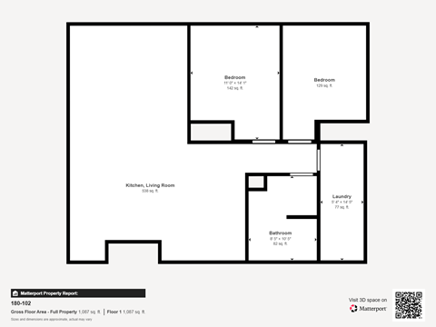 Floor plan for 2 beds, 1 bath, 1085 sqft